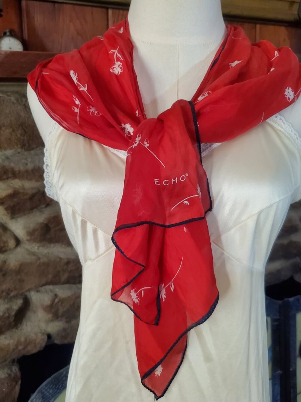 Echo Vintage 100% Silk Scarf Oblong Red White Floral Black Hand Rolled Hem 11x25